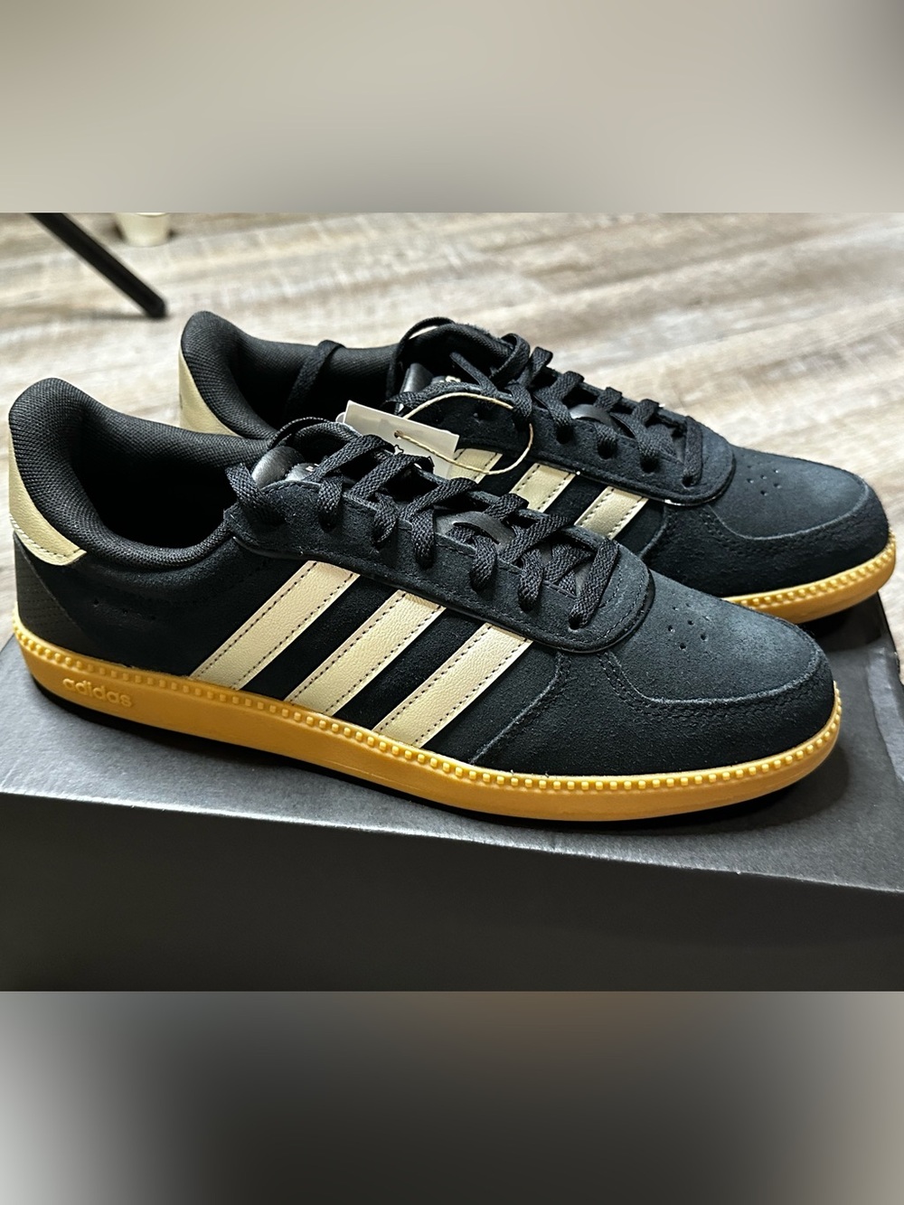 adidas Breaknet Sleek Black Suede Sneakers with Gold Stripes and Gum Sole
